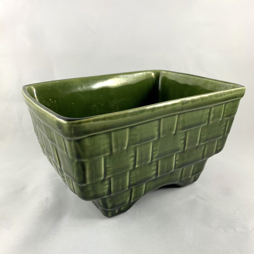 Vintage Glazed Ceramic Basket Planter, Handmade Brush USA 1960s, Antique Bowl